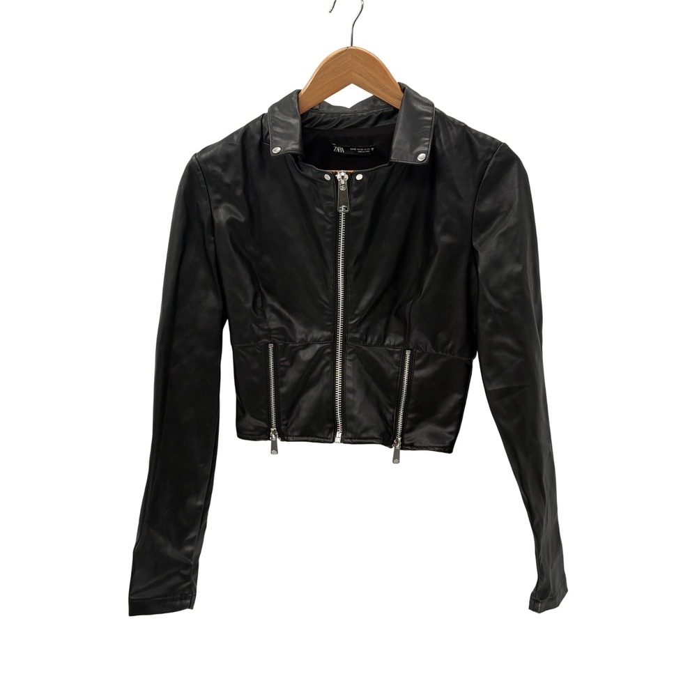 Zara Jacket Moto Faux Leather Cropped Black Women‎ Size XS